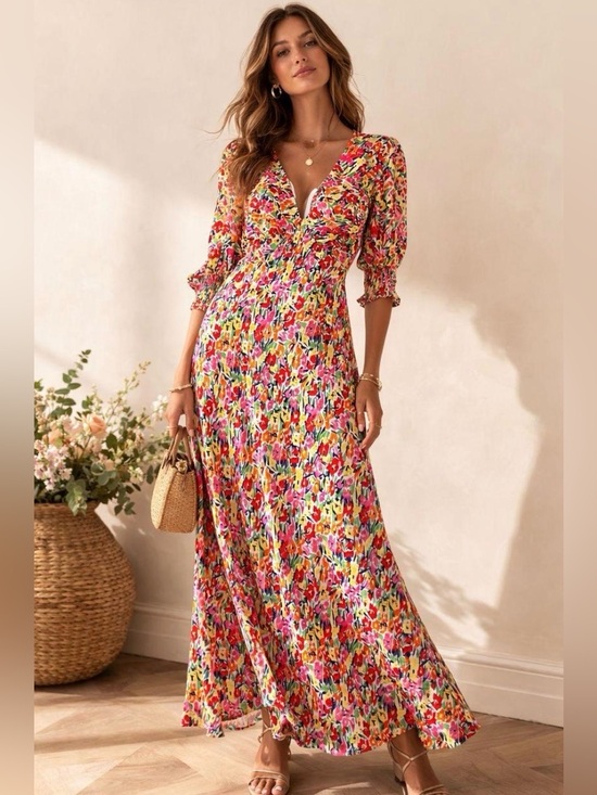 RIXO Dresses & Skirts - Rixo for Target Floral Multicolor Maxi Dress V-Neck Puff Sleeve Size 10